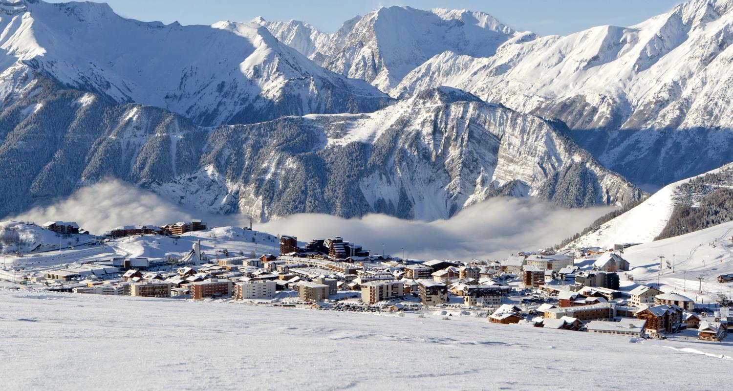 Alpe d'Huez in France - snow covered mountains.