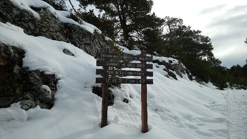 A picturesque winter scene in Gréolières Les Neiges, France featuring a charming chalet nestled amidst stunning snowy landscape, and a distant mountain backdrop.