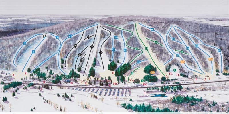 Peek n Peak in USA - a painting of a ski slope with many ski tracks.