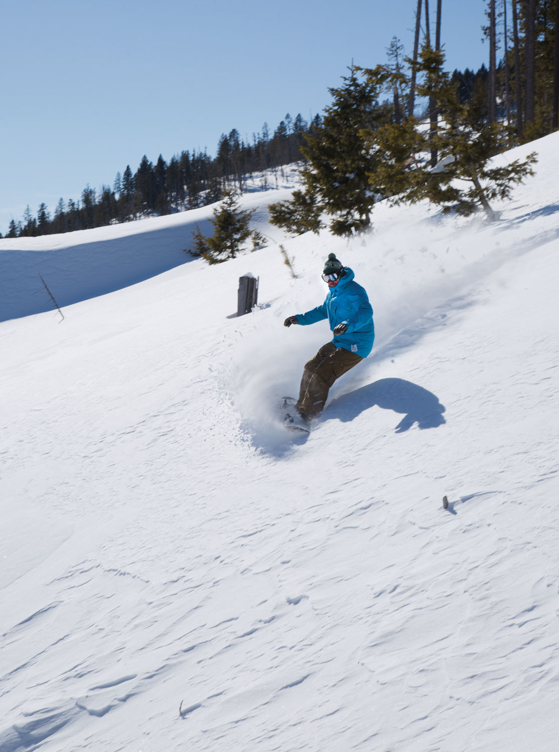 A snowboarder taking on the slopes at Bear Paw Ski Bowl in Box Elder Montana. Snow scattered trees and an overcast sky add to the idyllic winter scene.