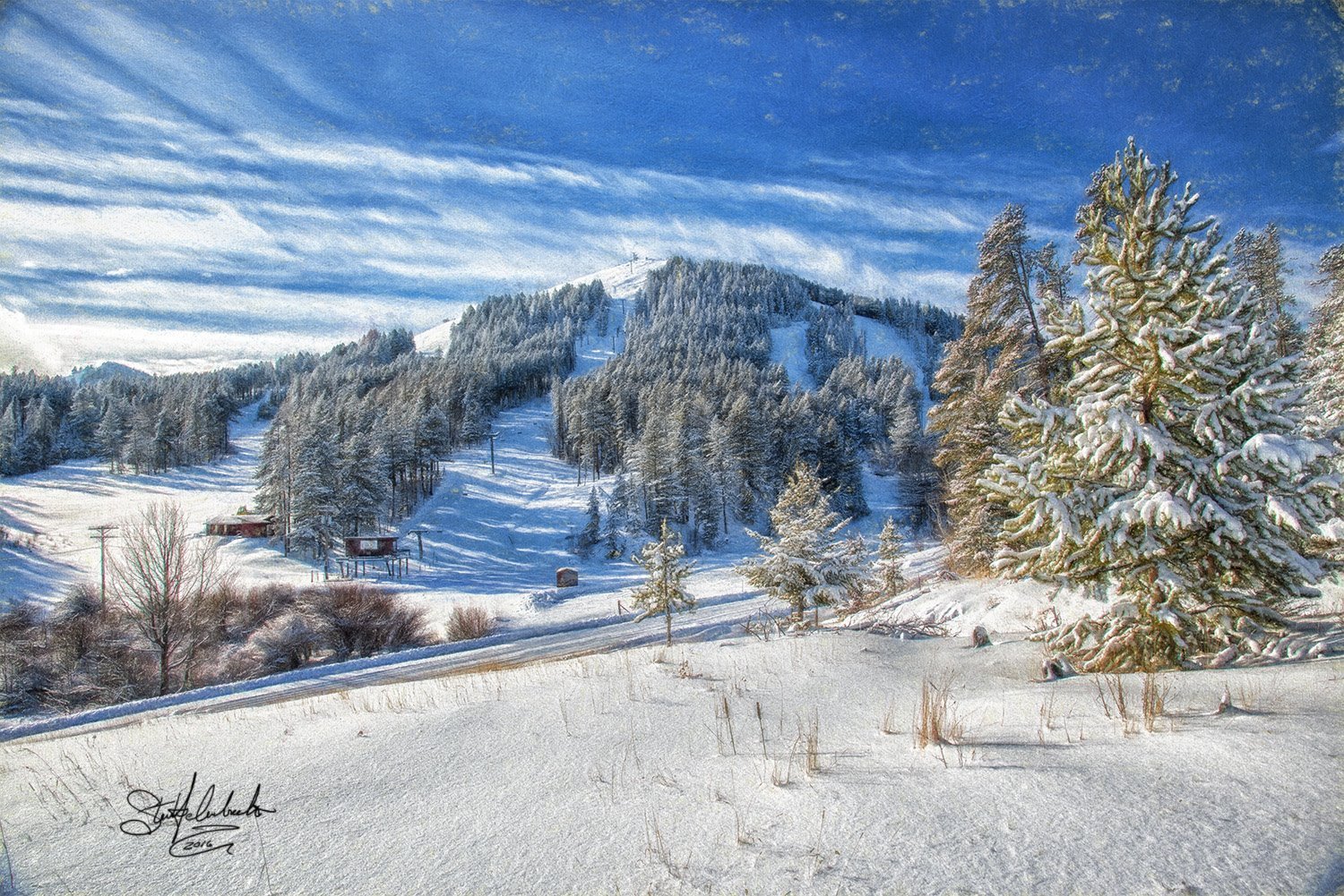 Bear Paw Ski Bowl in USA - a painting of snow covered trees in the mountains.