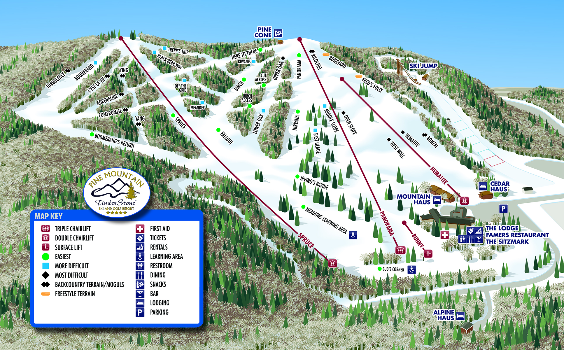 View of Pine Mountain ski resort in Iron Mountain, Michigan, featuring a ski lift and snow-covered slopes filled with winter sports enthusiasts.