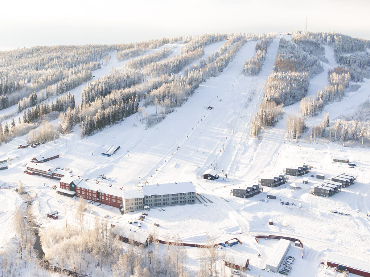 Kungsberget in Sweden: an aerial view of a ski resort in the winter.