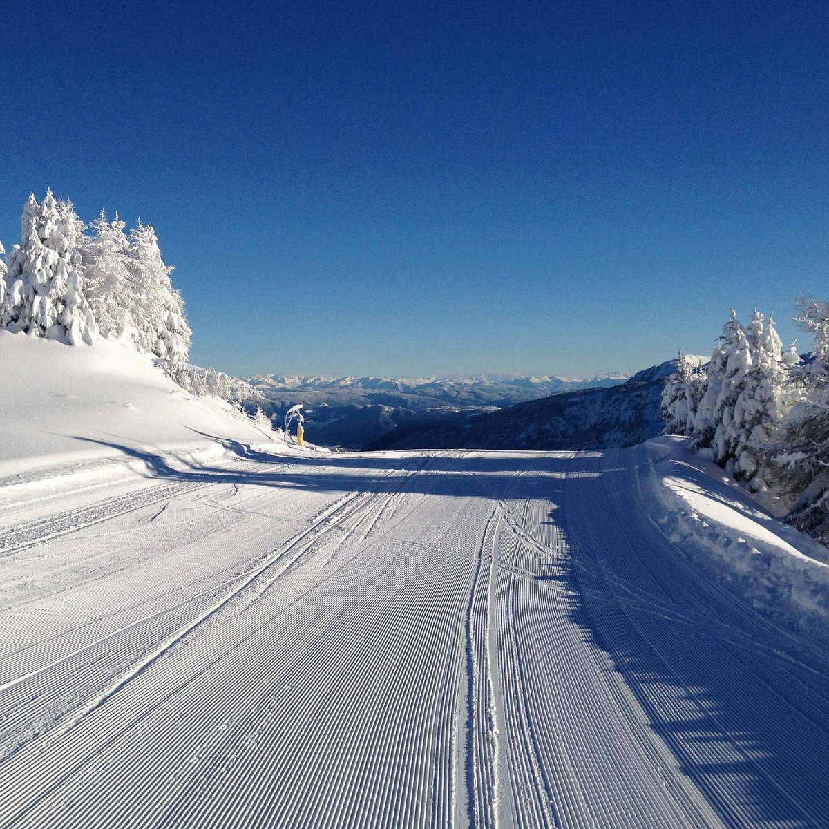Fageralm – Forstau in Austria - a snowy road with tracks and trees in the background.