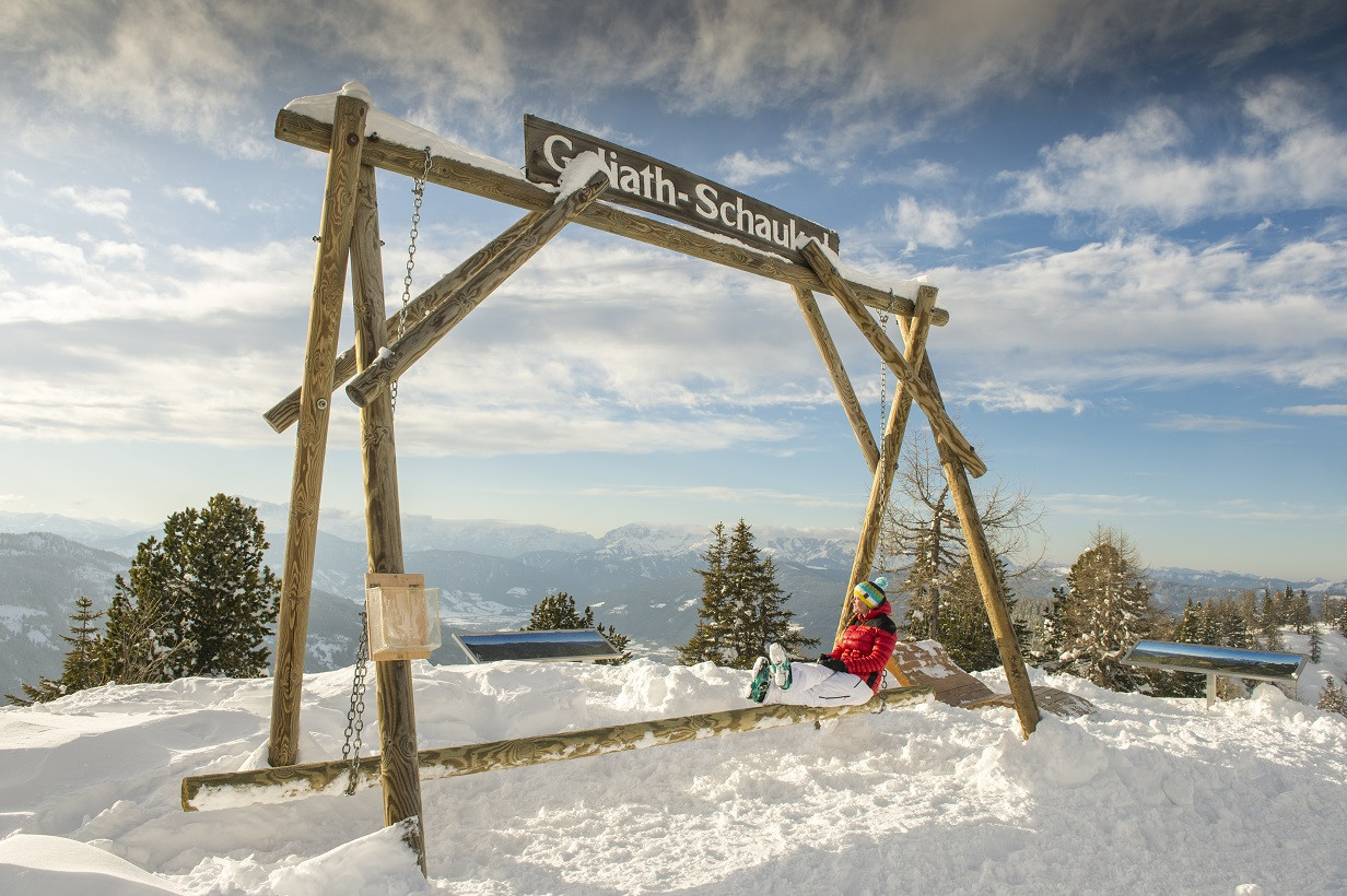 Fageralm – Forstau in Austria - a person sitting on a swing in the snow.