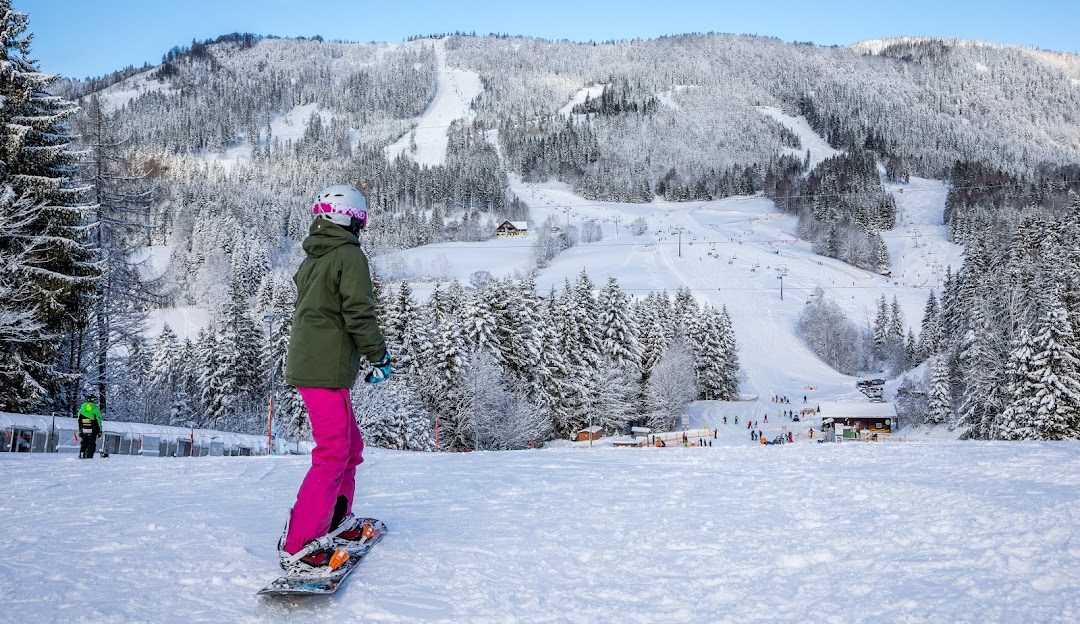 A snowboarder taking on the snowy slopes in Annaberg, Mostviertel, against a backdrop of beautiful, wintry Austrian landscape.
