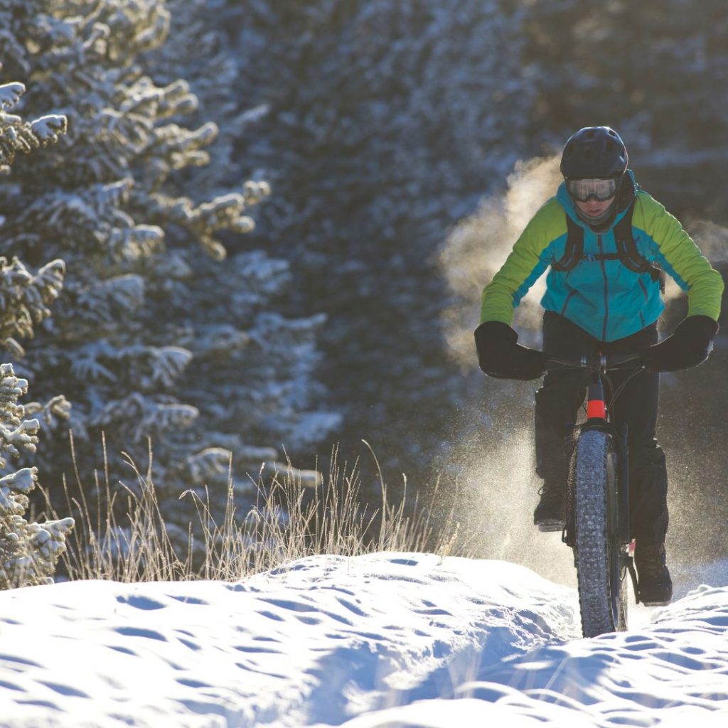 A thrilling winter sports scene at Sugarloaf Provincial Park in New Brunswick Canada featuring a mountain biker braving the frosted terrain alongside skiers and snowboarders.