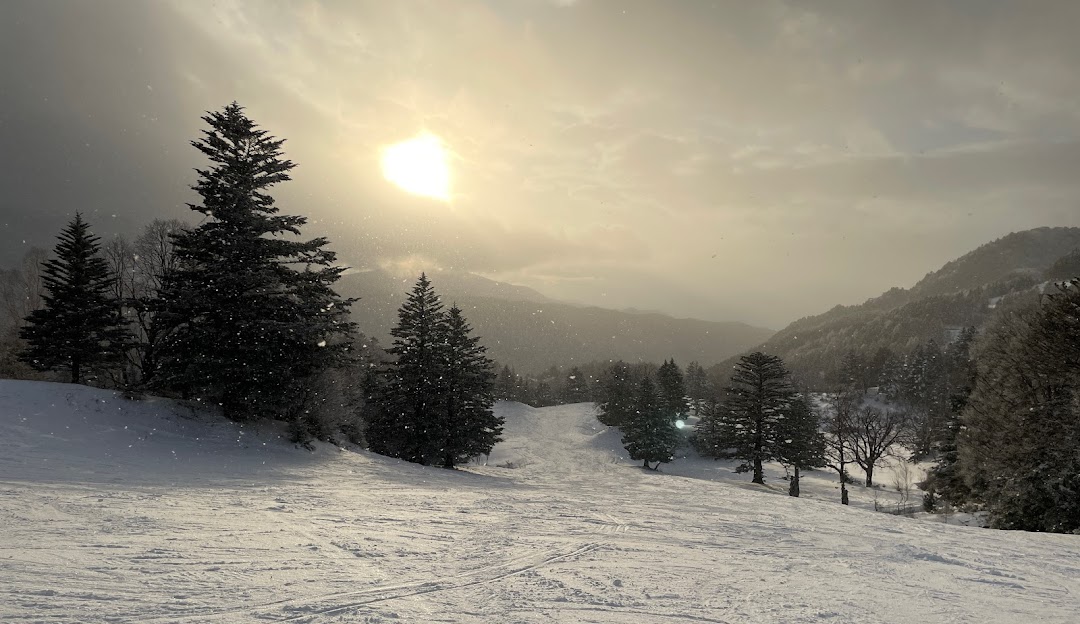 View of Yamaboku in Nagano, Japan featuring a picturesque winter sports scene. Visitors are seen enjoying the snow-clad slopes at the popular ski resort against a stunning winter backdrop. A charming chalet adds to the serene atmosphere.
