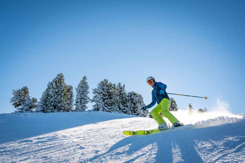 A skier navigating a winter sports scene in Lans en Vercors, Grenoble, France, with a distant view of a chalet and the ski resort.