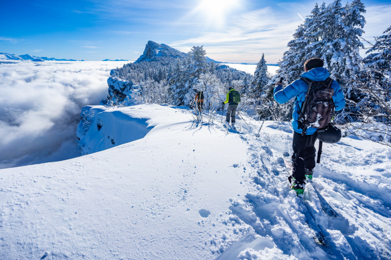 Winter sports scene at Lans en Vercors in France, featuring a skier racing down a snowy slope against a backdrop of stunning winter scenery and a cozy chalet.