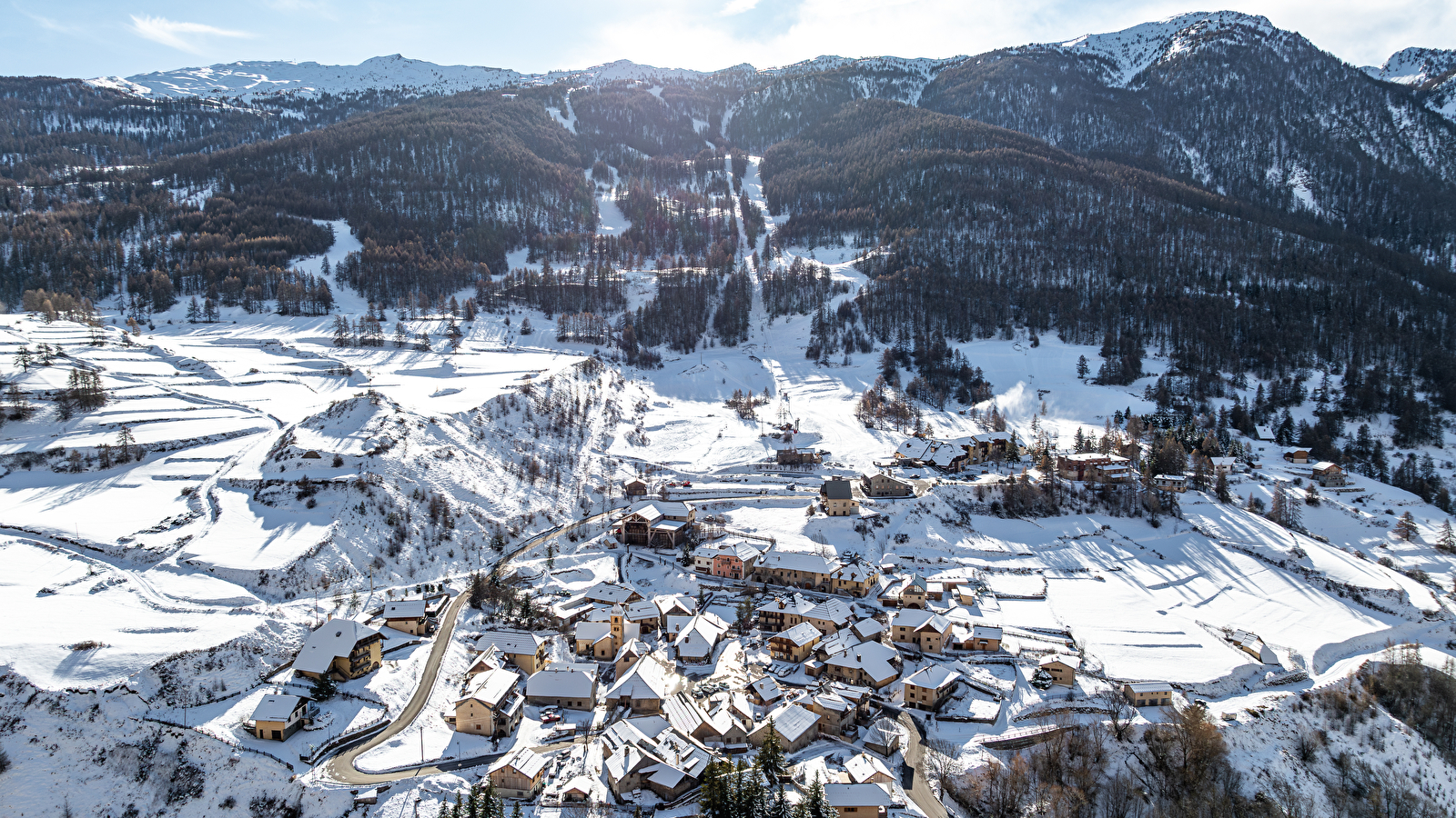Crévoux in France: a view of a ski resort in the mountains.