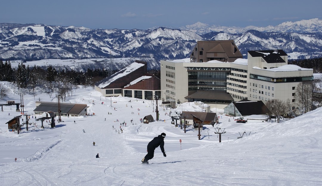 Image of Greenpia Tsunan, a winter sports centre in Japan featuring ski slopes and chalets covered in snow with a skier making their way down the mountain.