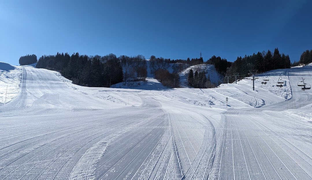 Snowy scene at Greenpia Tsunan showcasing a winter sports center ski resort and chalet amidst a picturesque winter landscape in Japan.