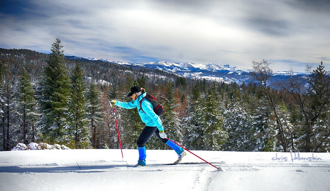 A lively winter sports scene at Badger Pass in Yosemite National Park with a prominent skier gliding down the snowy slopes.