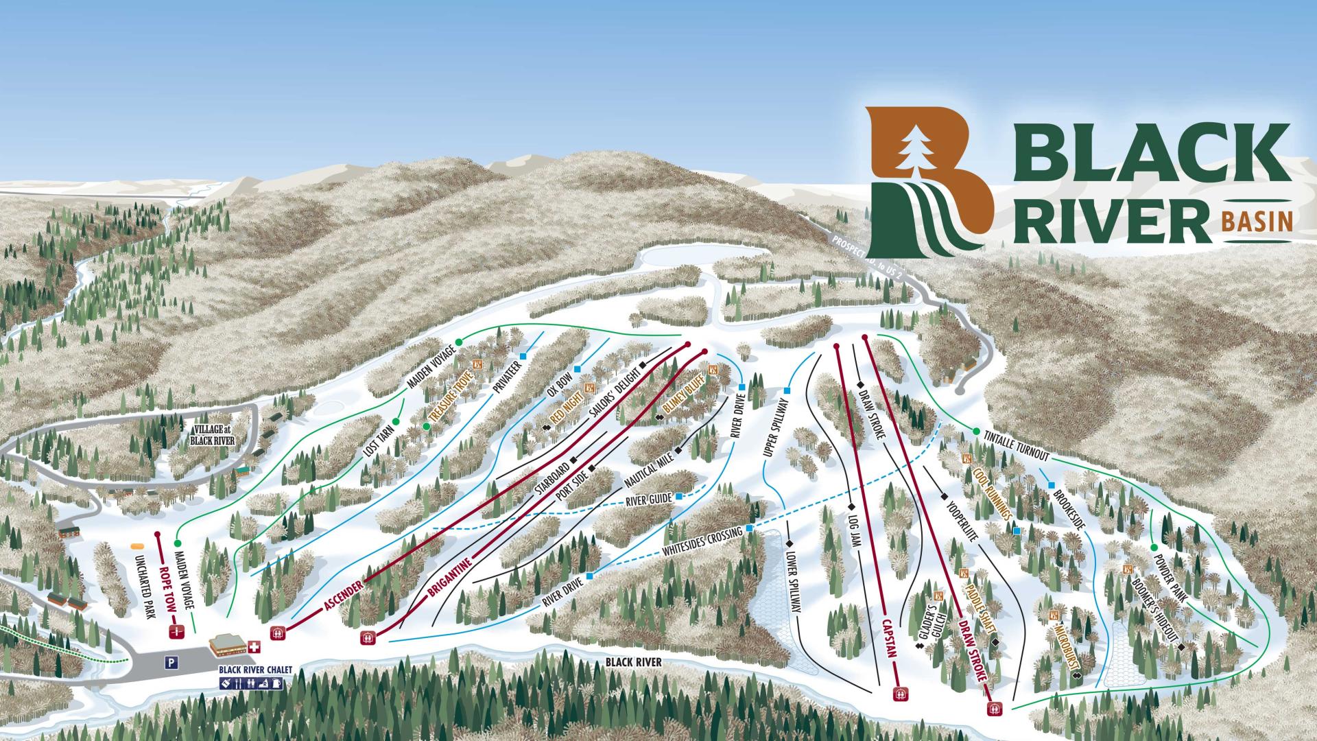 An image of Black River Basin in Bessemer, Michigan, showcasing a popular ski resort. Visible are a ski lift ascending snow-covered slopes and a solitary skier enjoying the winter sports scene.