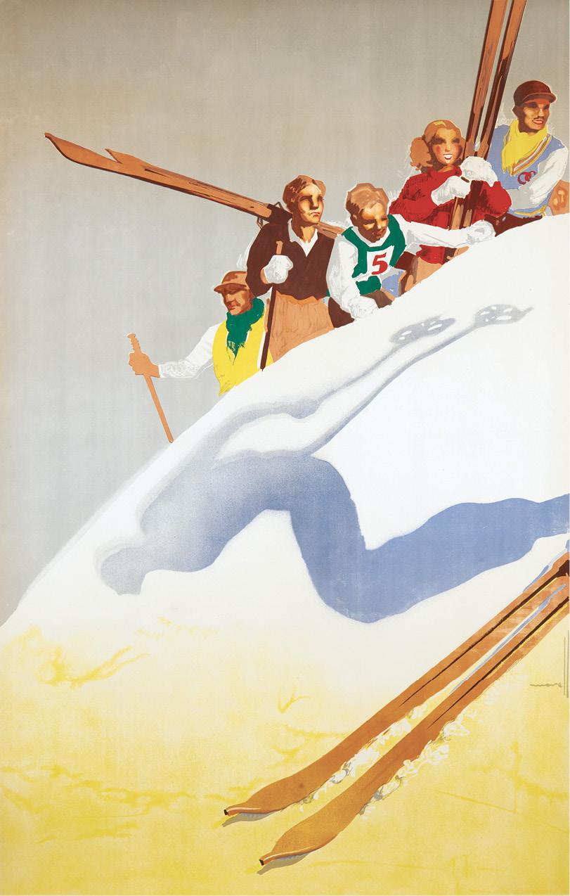 Otsego in USA - a painting of people skiing down a mountain.