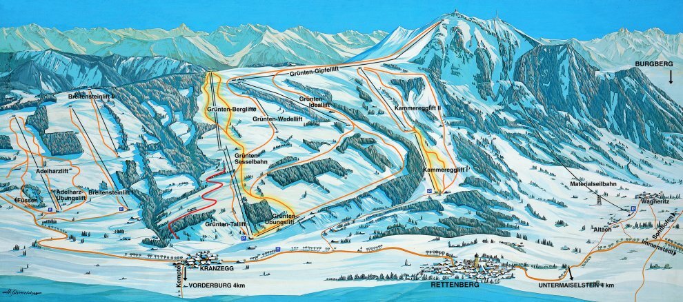 Winter sports scene at Grüntenlifte – Kranzegg ski resort in Bavaria, Germany, featuring a chalet and a skier, surrounded by a snowy landscape.