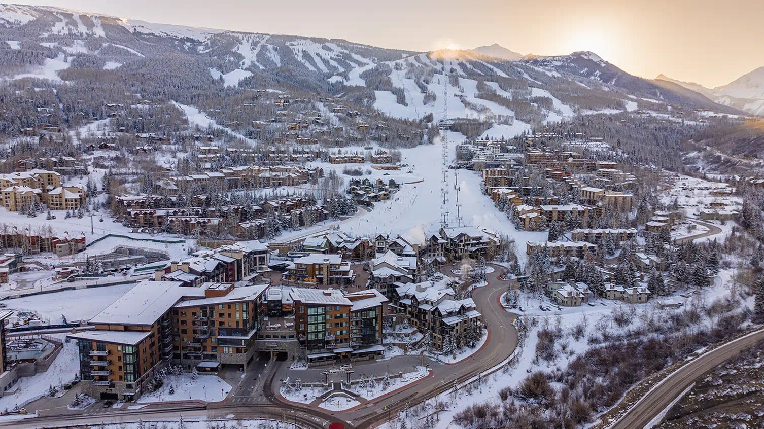 Buffalo in USA: an aerial view of a ski resort in the mountains.