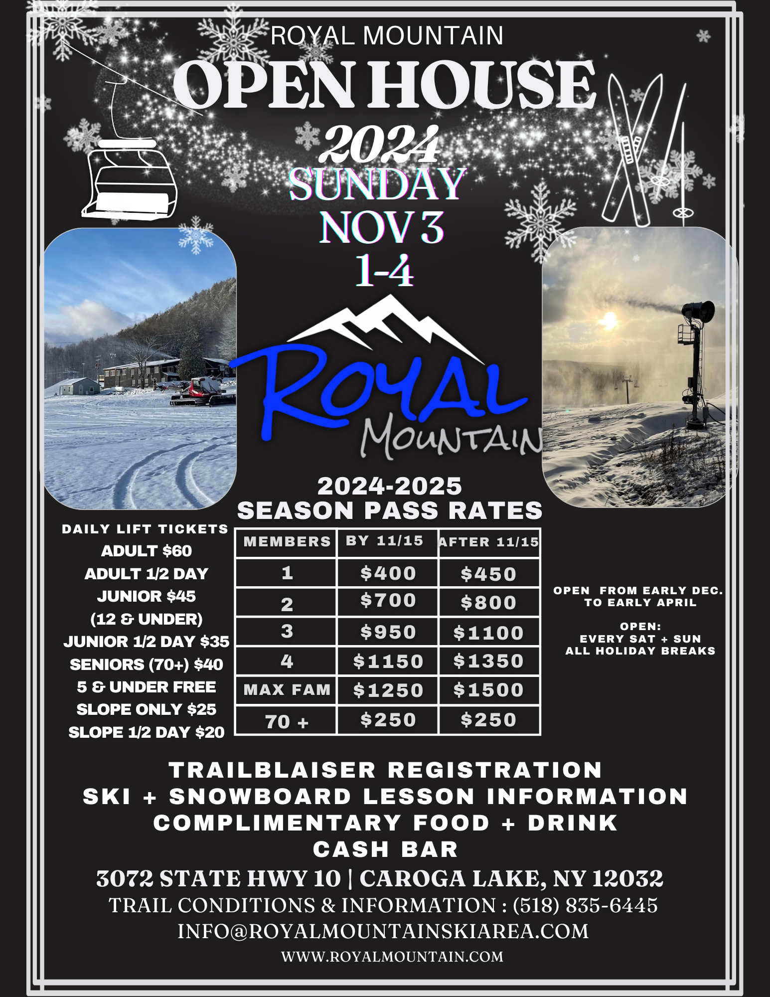 A winter sports scene at Royal Mountain ski resort in Johnstown New York USA. A snowboarder descends amidst stunning winter scenery with fresh snow blanketing the resort and surrounding fir trees.