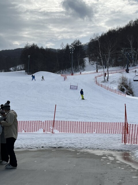 Winter scene at Chateraise Ski Valley Nobeyama in Japan, featuring a snowy ski resort with a visible chalet and skier engaged in winter sports activities.