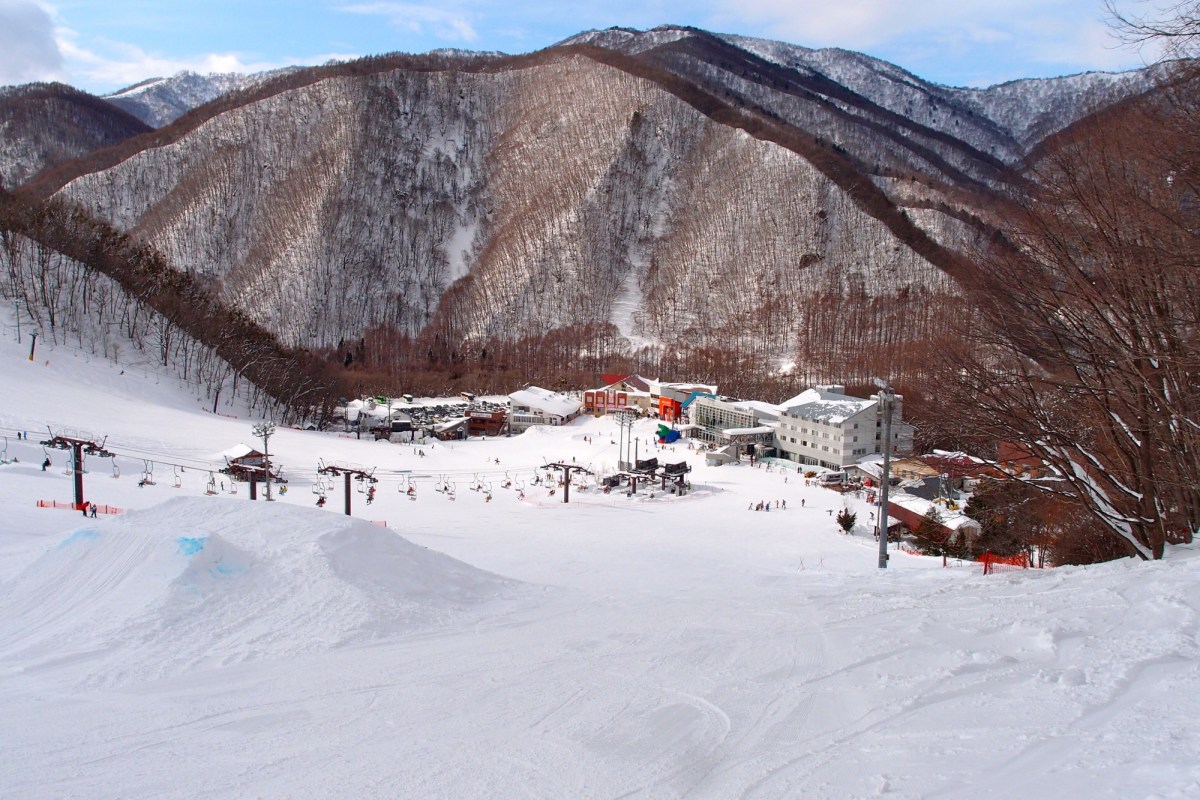 Oze Tokura in Japan: an aerial view of a ski resort in the mountains.