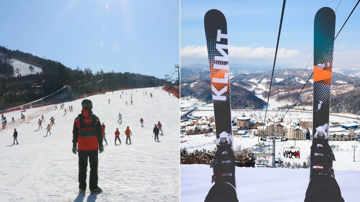 Alpensia in South Korea - two pictures of people skiing on a snowy slope.