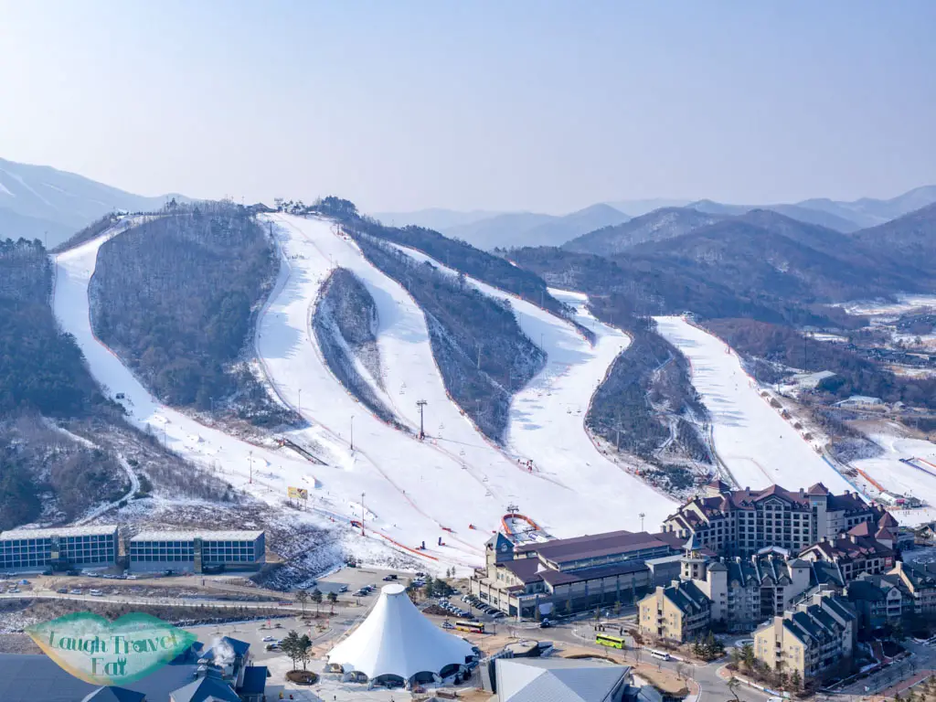 Alpensia in South Korea: an aerial view of the resort and ski slopes.