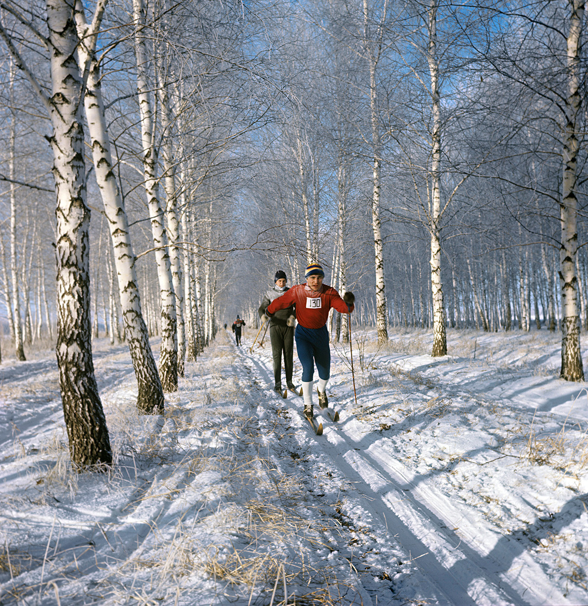 Abzakovo in Russia - a group of people cross country skiing through the woods.