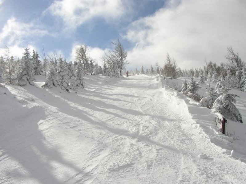 A dynamic winter scene at Telnice ski resort in Czech Republic showcasing a skier descending snow-covered slopes with a cozy chalet in the backdrop.