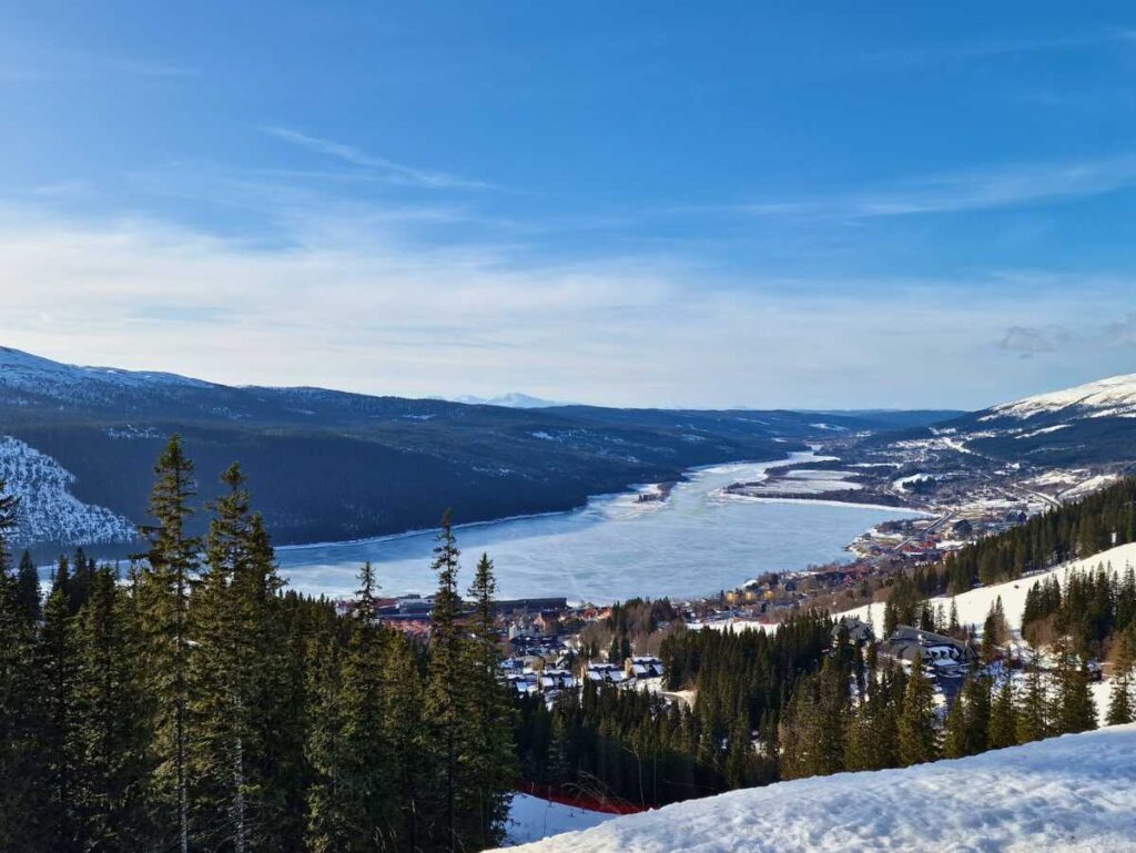 Åre in Sweden - a view of the lake and mountains from the top of the mountain.