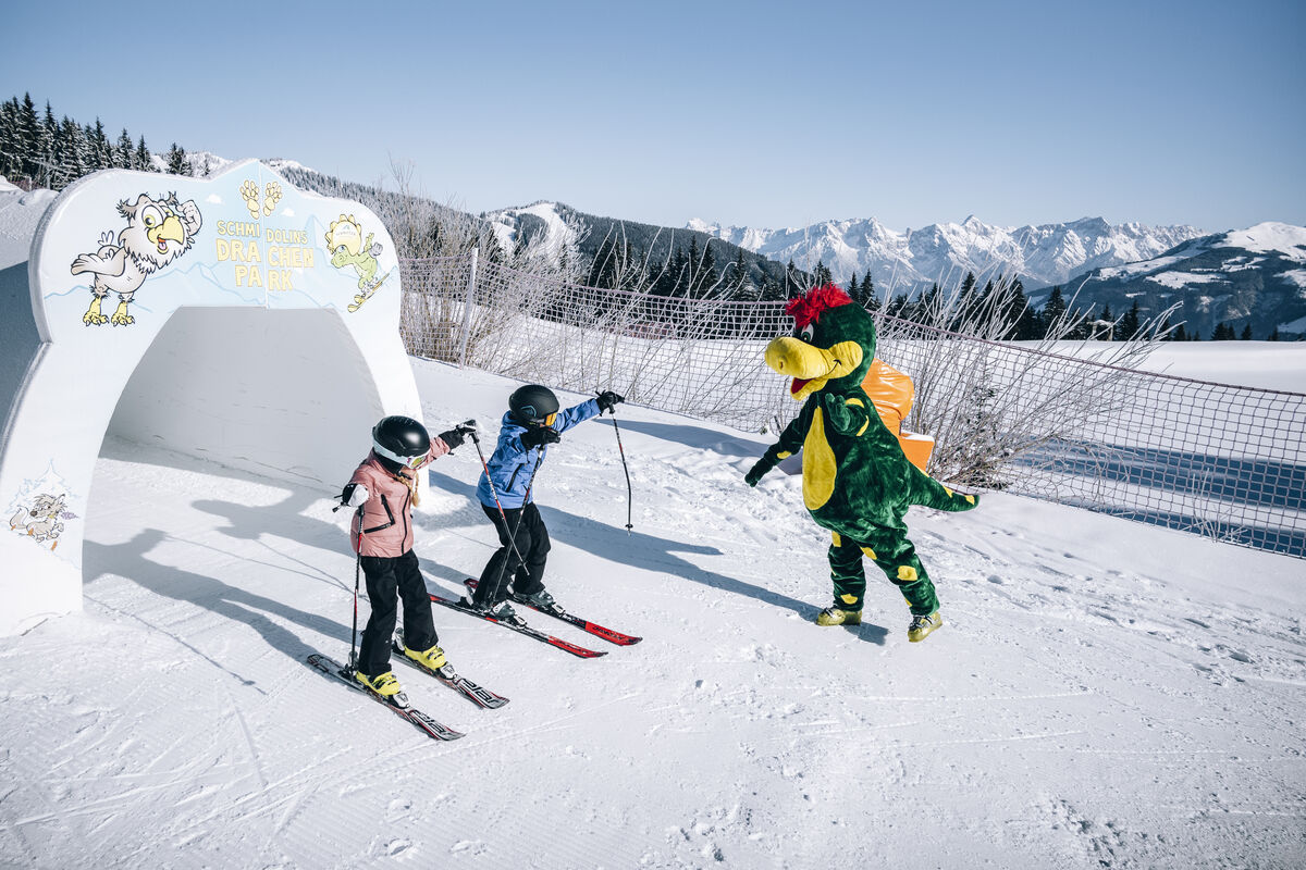 Schmittenhöhe in Austria - a group of people riding ski boards on a snow covered slope.
