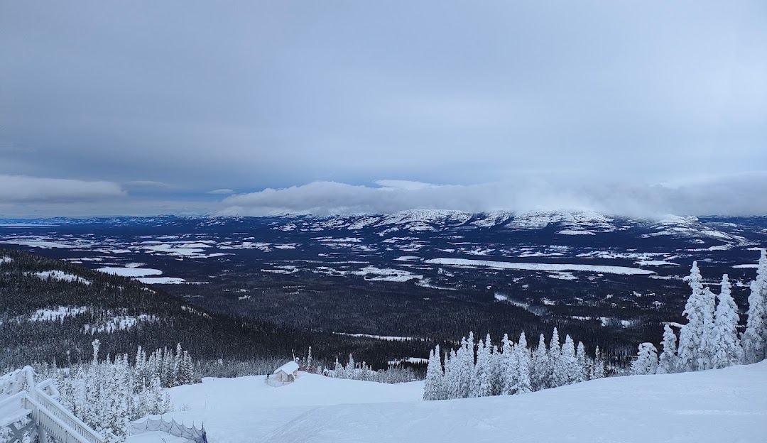 A beautiful view of Mount Sima in Whitehorse Yukon Canada. The image showcases a bustling ski resort on the snow-covered slopes of the mountain illustrating an exciting winter sports scene.