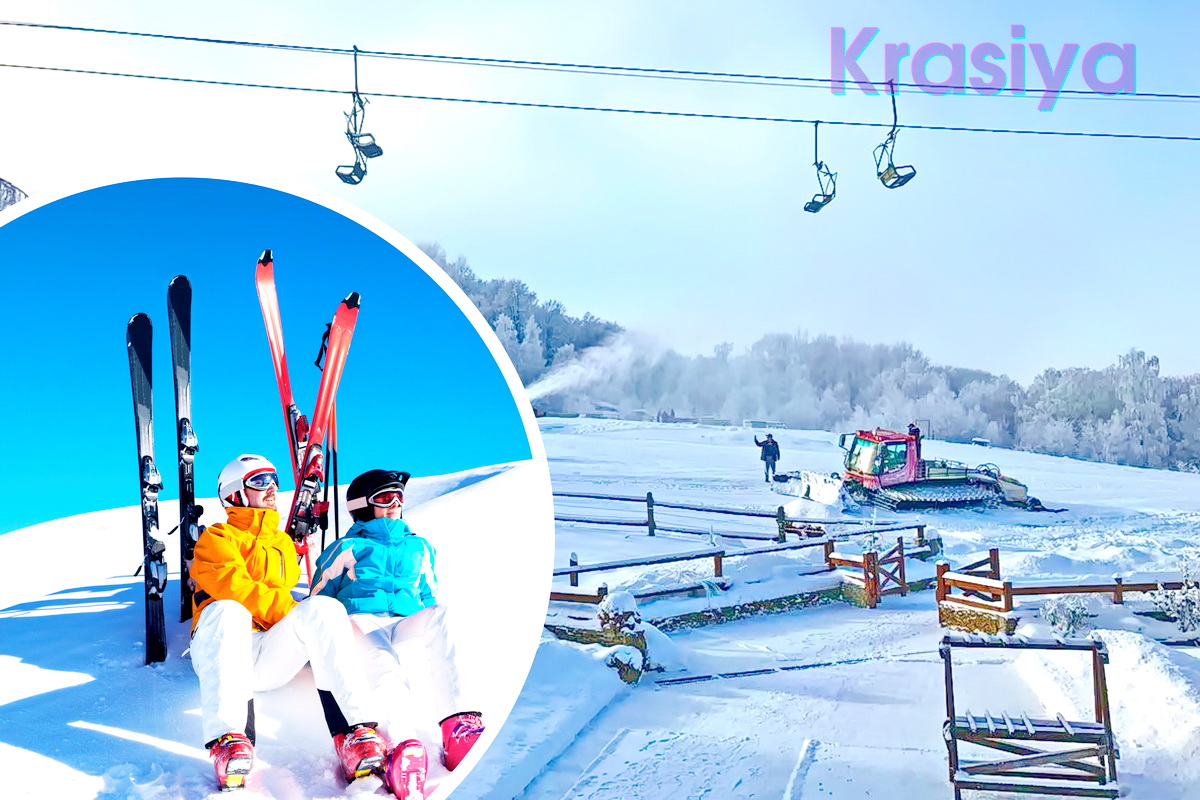 Krasiya in Ukraine - a woman holding ski poles in the snow.