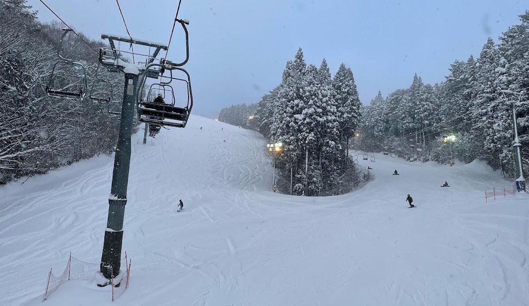 Skiers take to the slopes at Megahiraonsen Megahira Ski Area in Hiroshima, Japan. A ski lift is observable in the picturesque winter setting. The mountain is swathed in pristine snow.