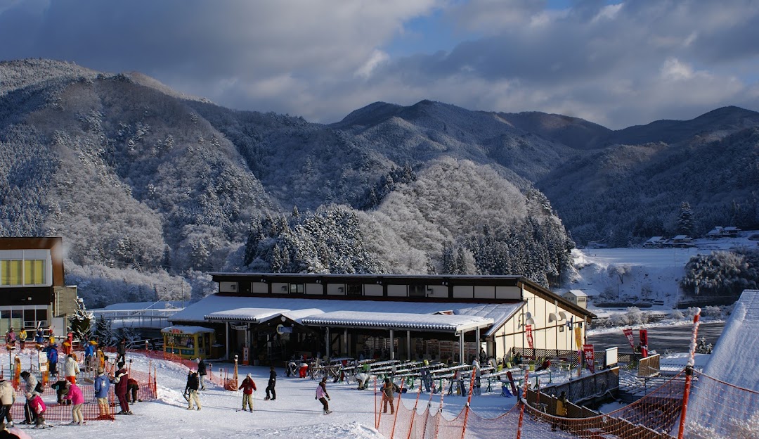 Winter sports enthusiasts enjoy the slopes at Megahiraonsen Megahira Ski Area in Hiroshima, Japan. Snow-covered peaks and trees adorn this bustling ski resort, exemplifying stunning winter scenery.