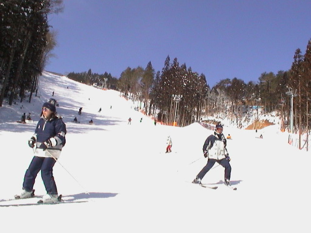 Megahiraonsen Megahira Ski Area in Japan - a group of people skiing down a snowy slope.
