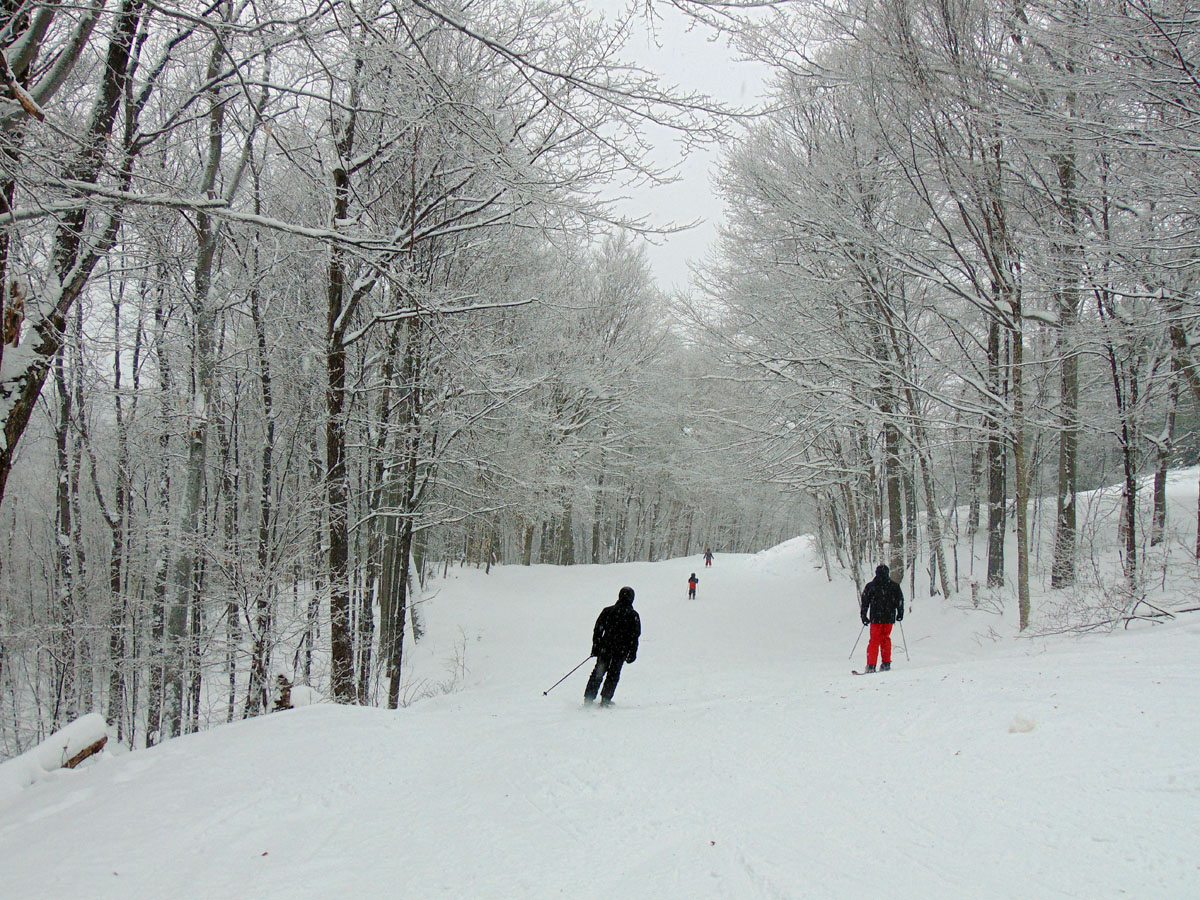 Winter sports enthusiasts at Mont Avalanche in Saint-Adolphe-d'Howard, Quebec, enjoying the snowy slopes and stunning scenery at a popular ski resort.
