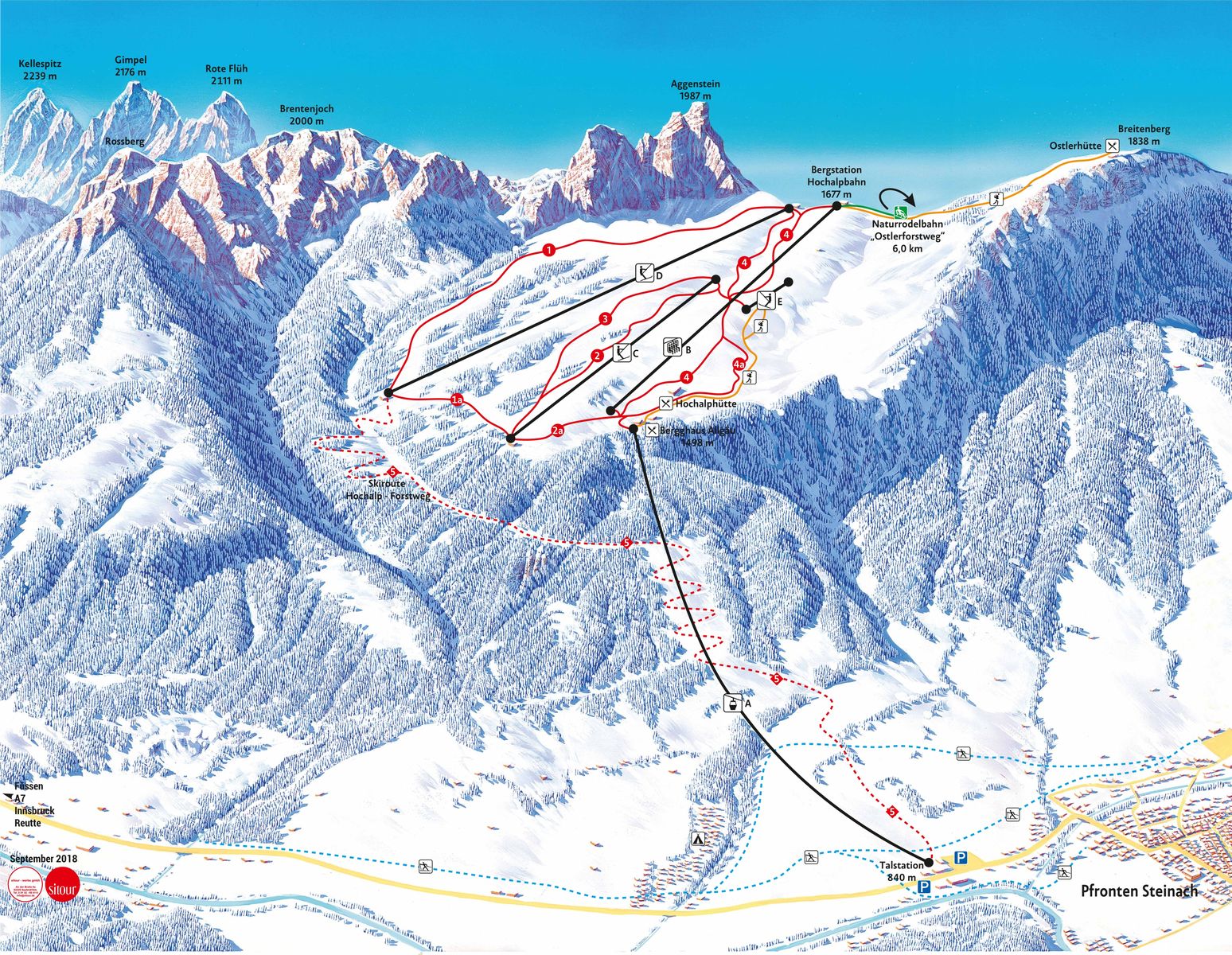 A ski resort in Breitenberg - Hochalpe - Pfronten in Bavaria Germany featuring a charming challet and bustling winter sports scene skiers frolicking on the snow-covered slopes.