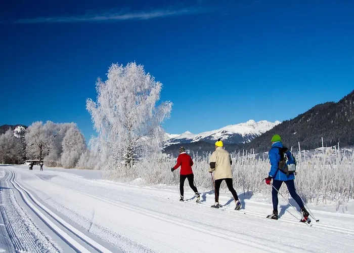 Winter sports scene at Naggler Alm, Austria, featuring a family and group of people skiing amidst the stunning, snow-clad landscape.