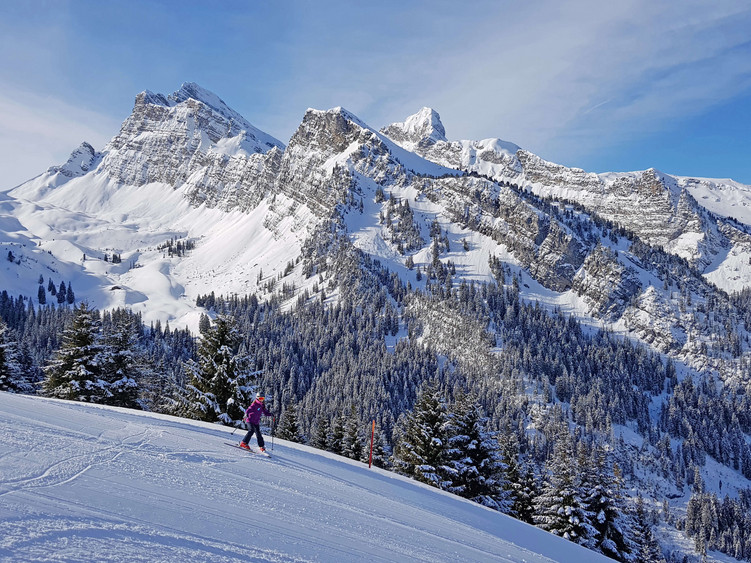 A winter sports scene at Grimmialp in Bernese Oberland Switzerland featuring a skier gliding near a charming chalet amidst a picturesque ski resort with towering mountains in the background.