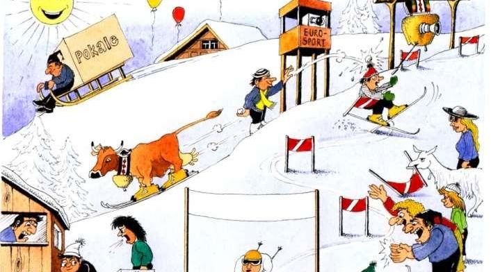 Winter scene at the Ebenalp-Horn in Appenzellerland, Eastern Switzerland, showing an active winter sports scene with skiers navigating snow-covered slopes, a ski lift in the distance, nestled among quaint Swiss chalets.