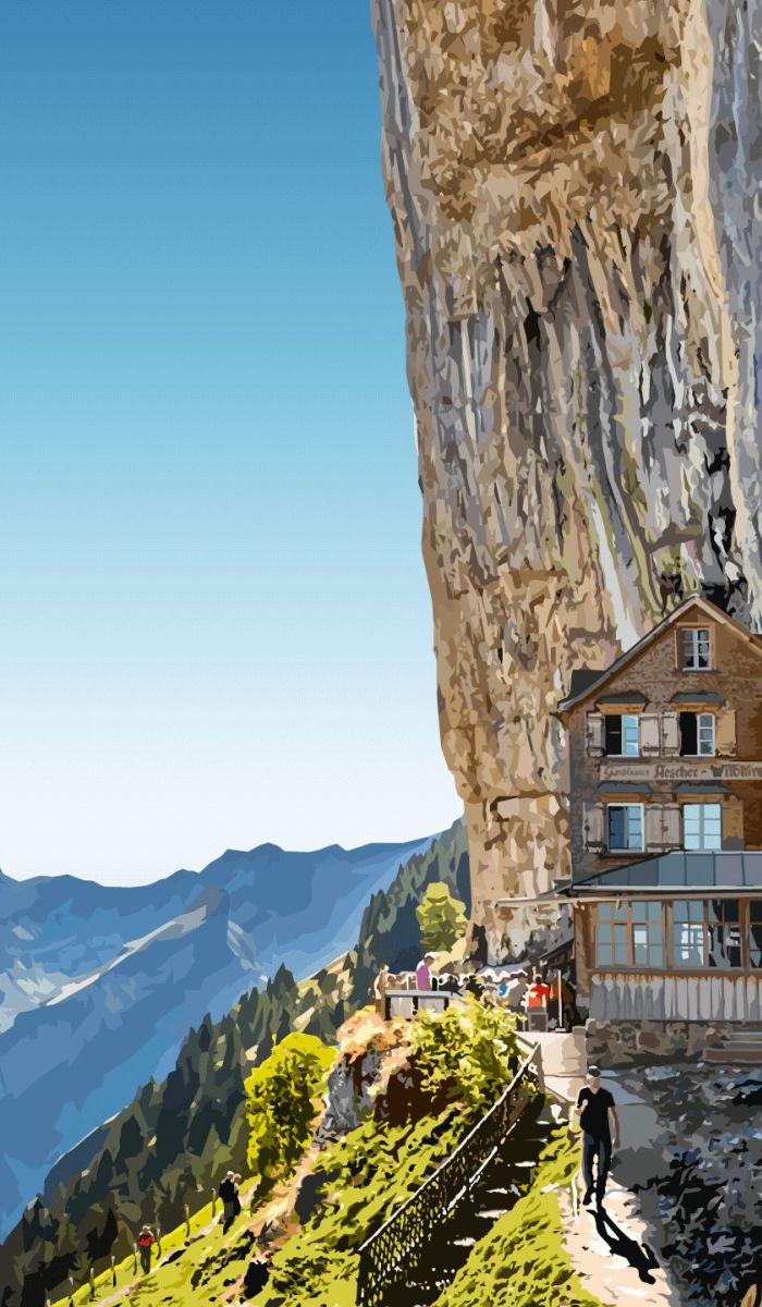 Ebenalp-Horn in Switzerland - a painting of a house on a mountain.