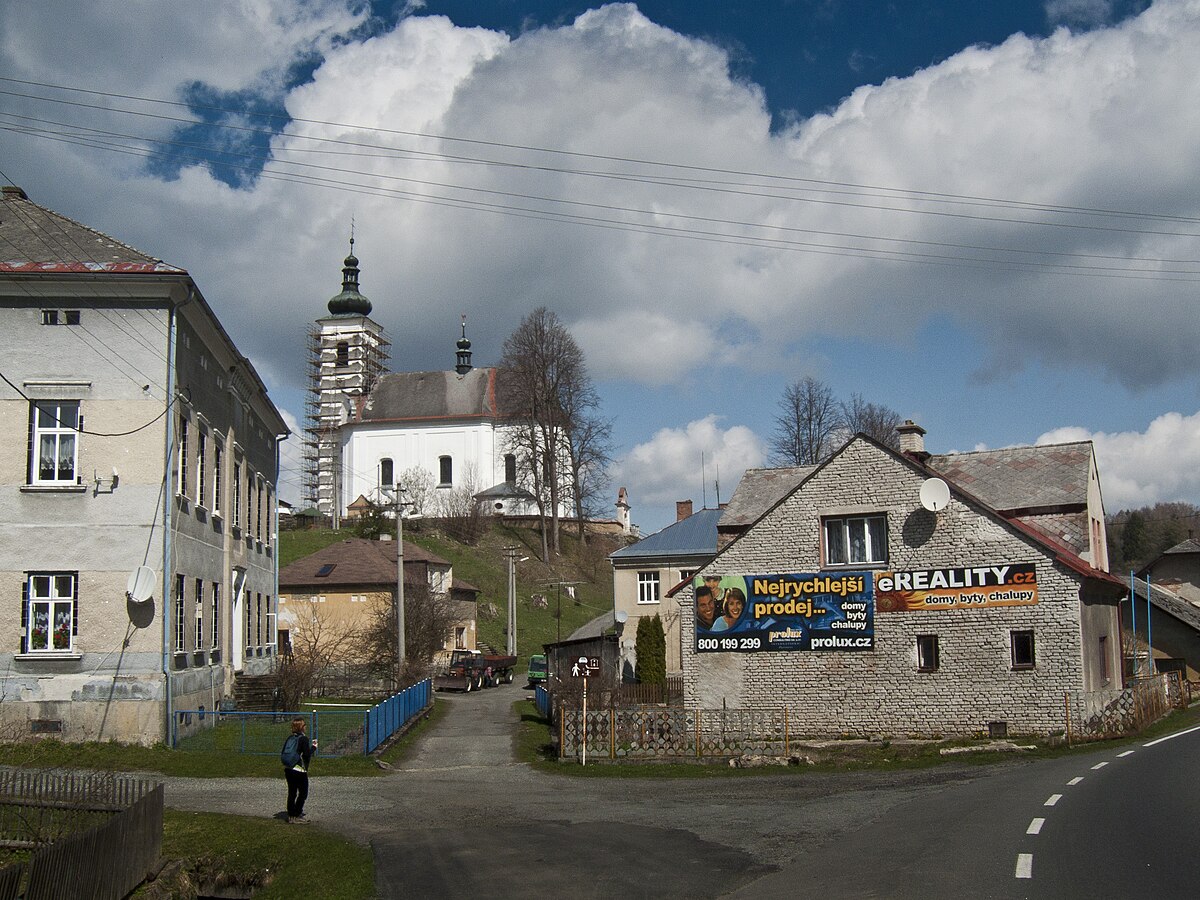 Kopřivná in Czech Republic - a view of a street in a small town.