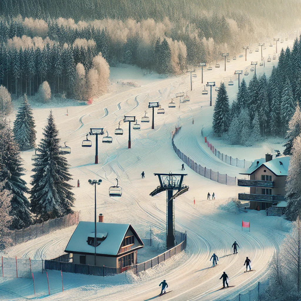 Świeradów Zdrój SKI & SUN in Poland - a group of people skiing down a snowy hill.