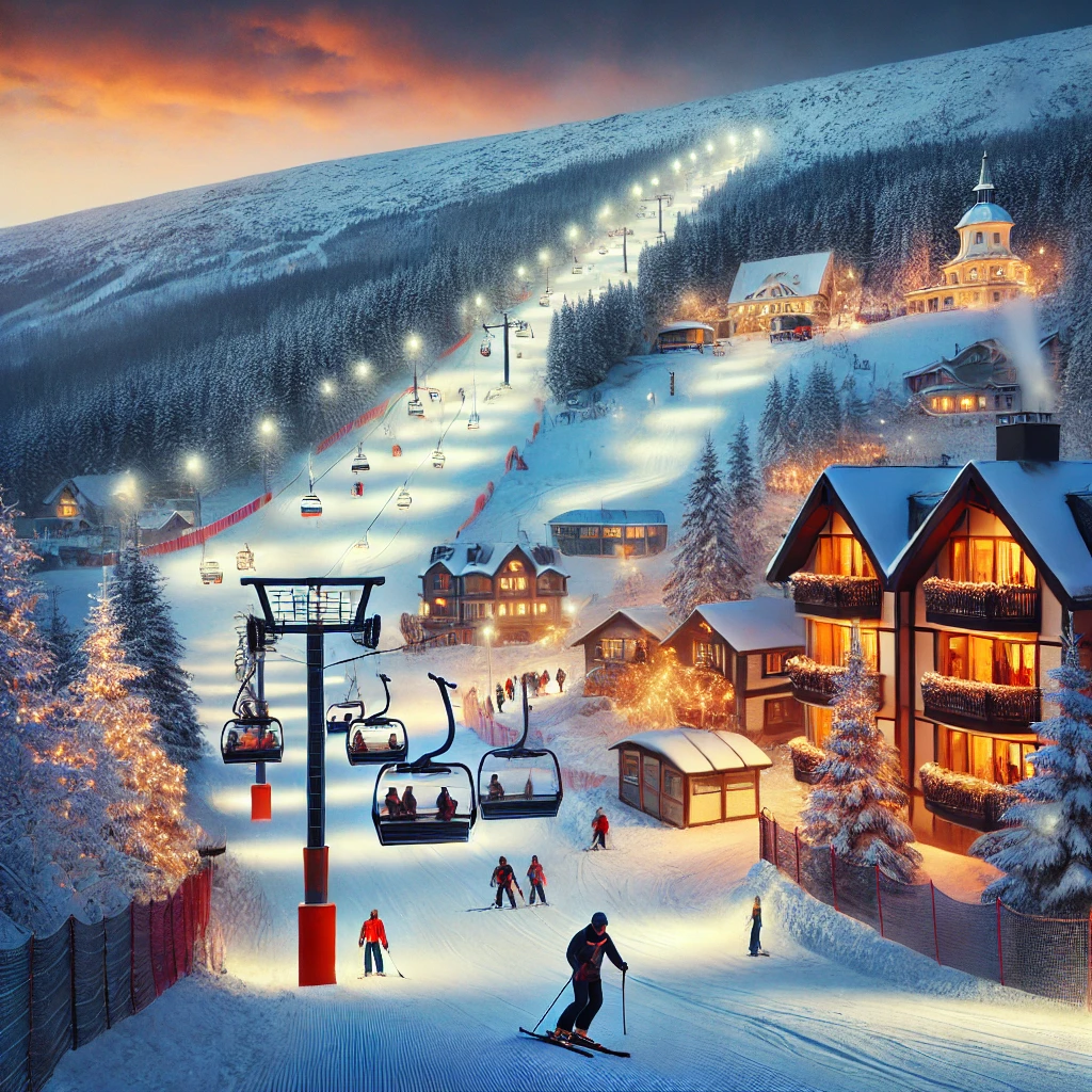 Świeradów Zdrój SKI & SUN in Poland: a ski resort at night.