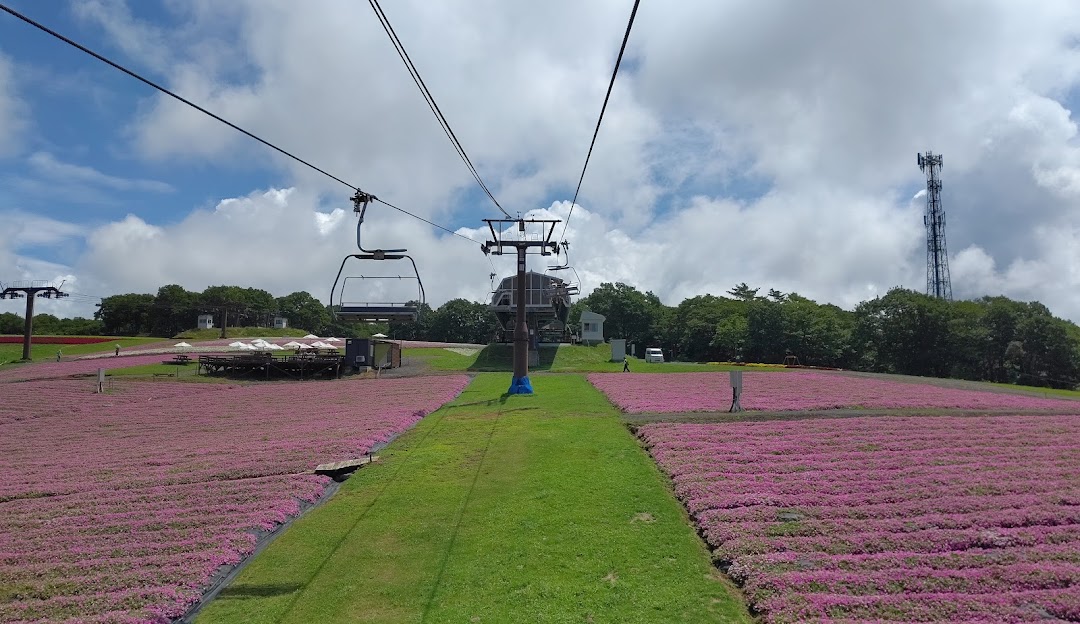 A view of Hirugano Kogen ski resort in Japan, featuring a ski lift heading towards a chalet with a mountain backdrop. A skier is also visible in the scene.