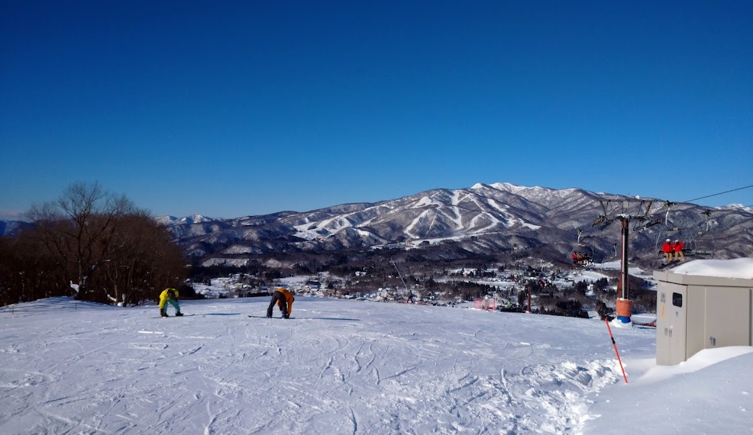 Winter scene at Hirugano Kogen ski resort in Honshu, Japan showing a skier in action in beautiful snow-covered surroundings