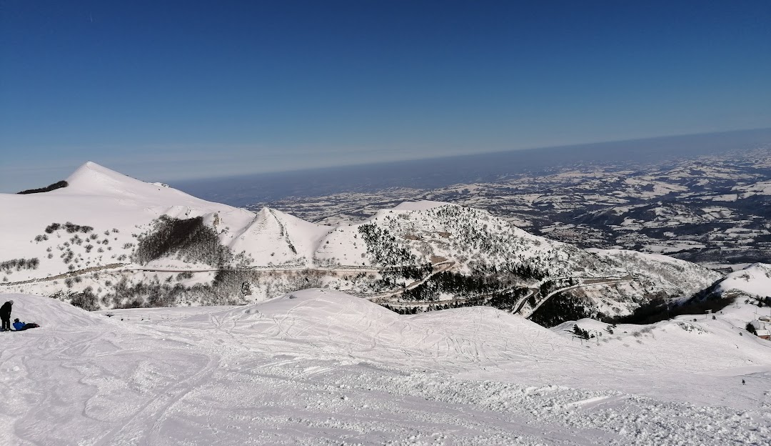 A charming chalet nestled in Sassotetto in Maddalena, Italy, serving as a backdrop to a vibrant winter sports scene. The mountainous landscape of the ski resort is speckled with the swift movement of a skier.