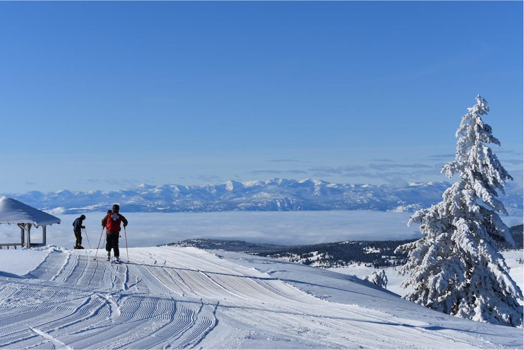 A skier maneuvers down the snow-covered slopes at Sitzmark a winter sports centre in Tonasket Washington State. Scenic views of the ski resort and a chalet add to the winter panorama.