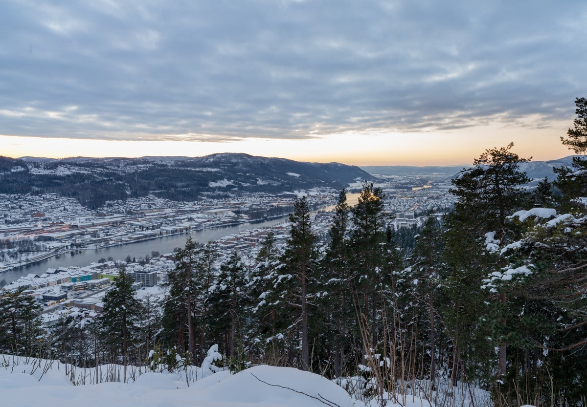 Drammen in Norway - the view from the top of the mountain at sunset.